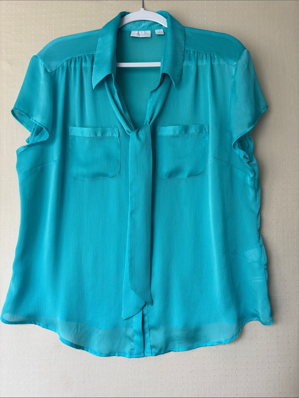 New York & Company Turquoise Tie-Neck Short Sleeve Blouse